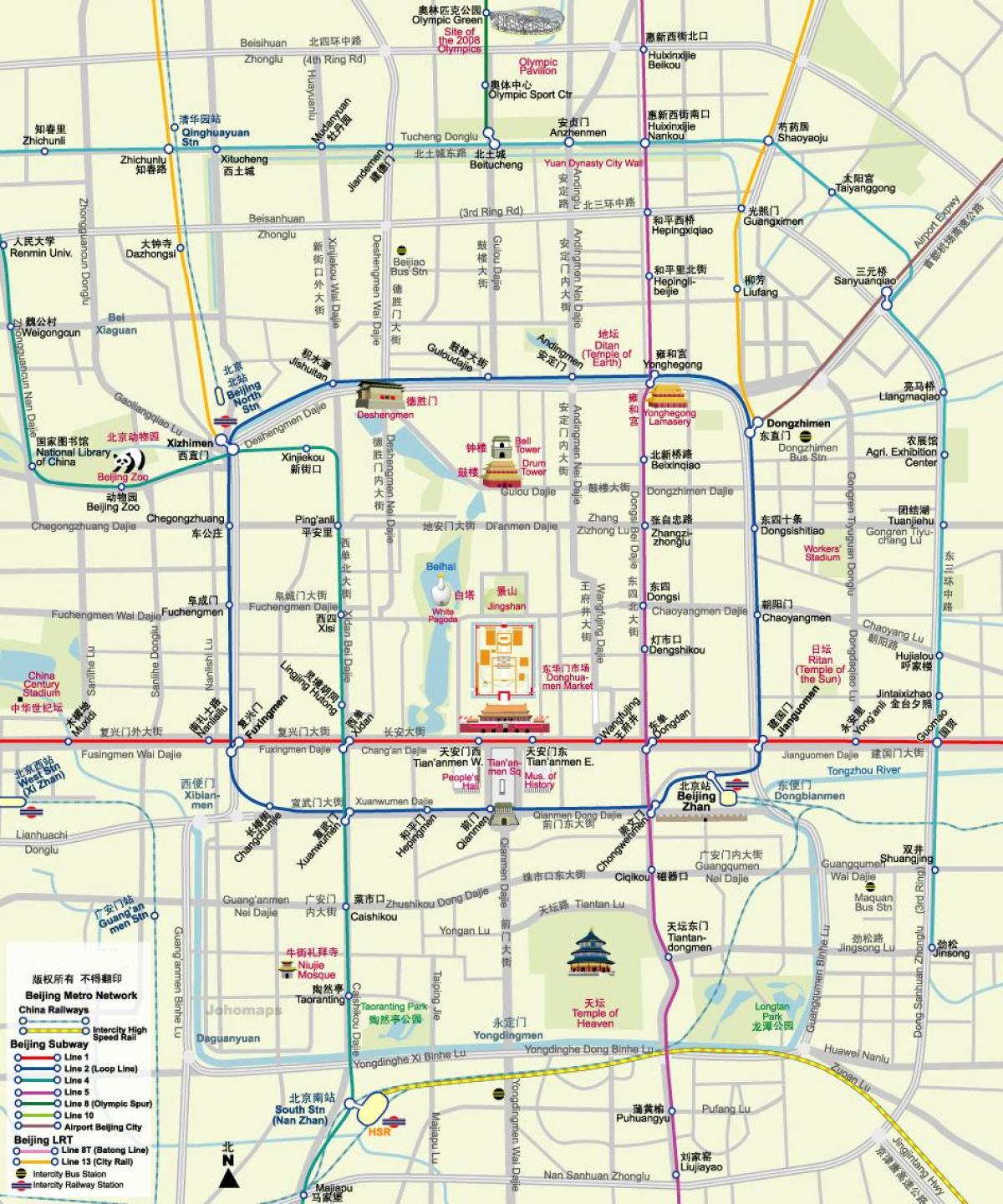 karta över Beijing tunnelbana karta med sevärdheter